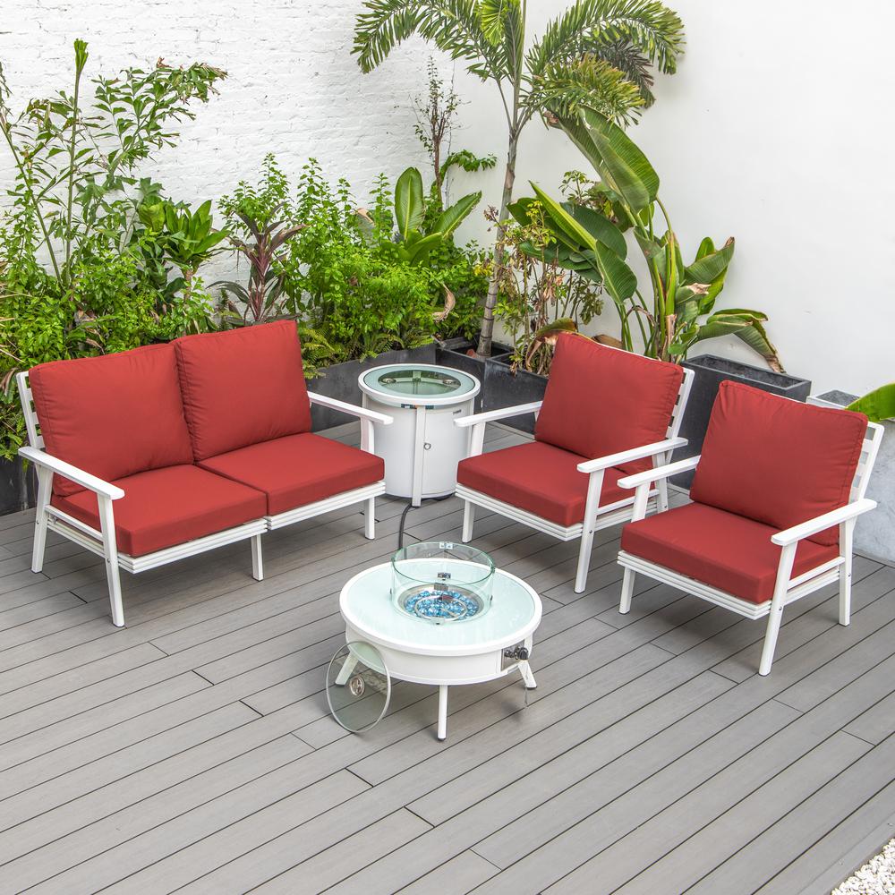 LeisureMod Walbrooke Modern White Patio Conversation With Round Fire Pit & Tank Holder, Red. Picture 8