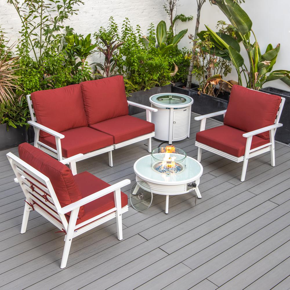 LeisureMod Walbrooke Modern White Patio Conversation With Round Fire Pit With Slats Design & Tank Holder, Red. Picture 1