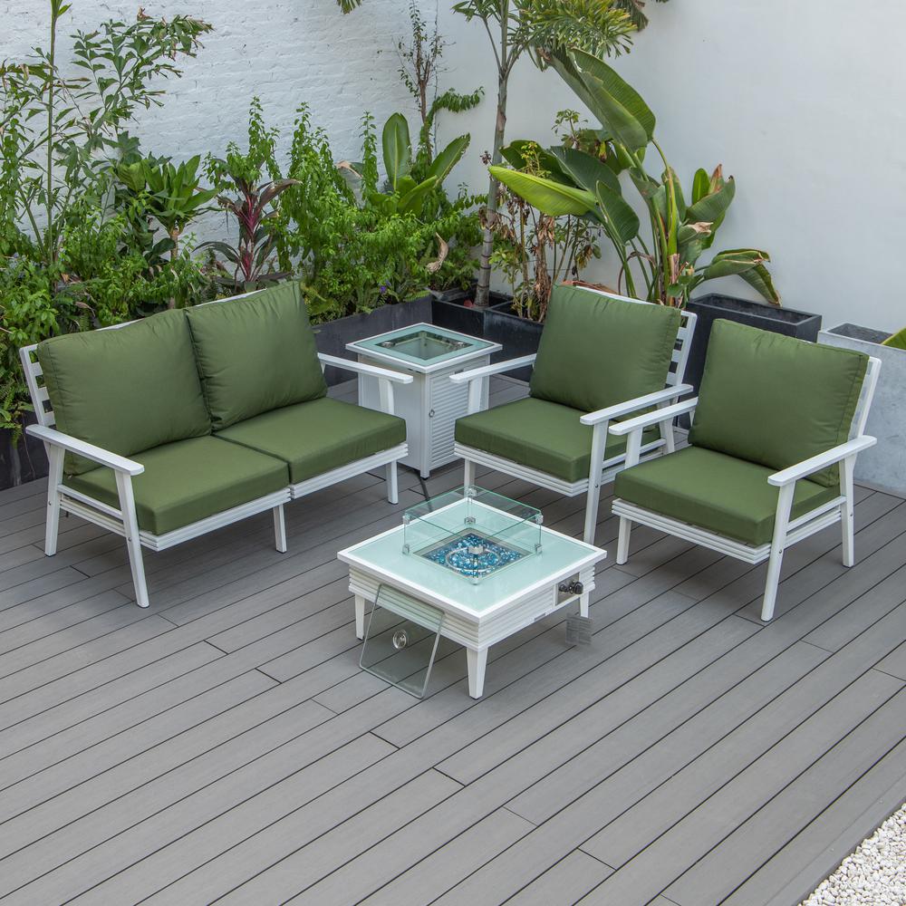 LeisureMod Walbrooke Modern White Patio Conversation With Square Fire Pit With Slats Design & Tank Holder, Green. Picture 8