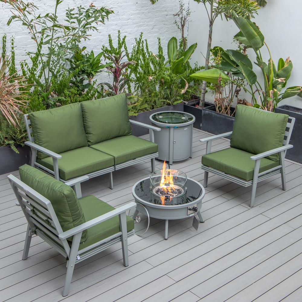 LeisureMod Walbrooke Modern Grey Patio Conversation With Round Fire Pit & Tank Holder, Green. Picture 1