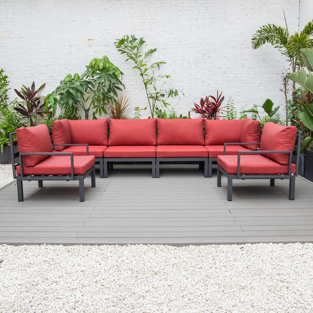 LeisureMod Hamilton 6-Piece Aluminum Patio Conversation Set With Cushions Red. Picture 3