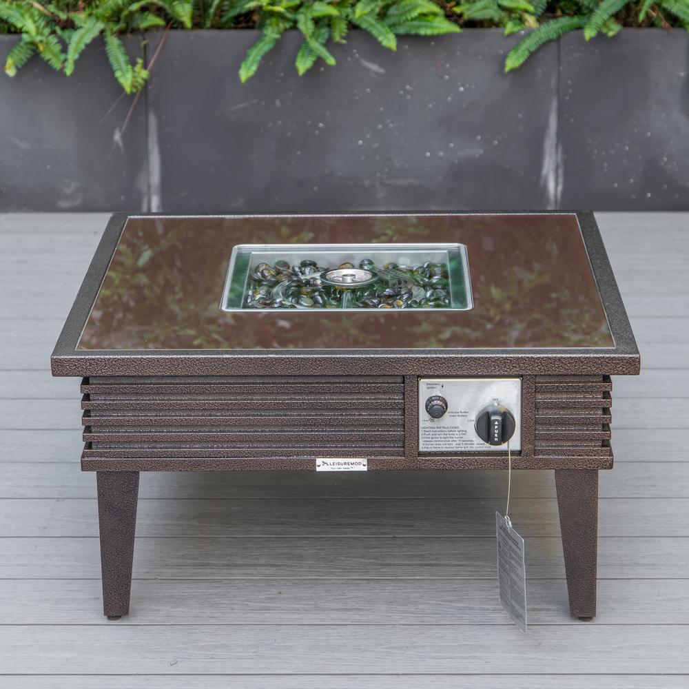 LeisureMod Walbrooke Modern Brown Patio Conversation With Square Fire Pit With Slats Design & Tank Holder, Light Grey. Picture 3