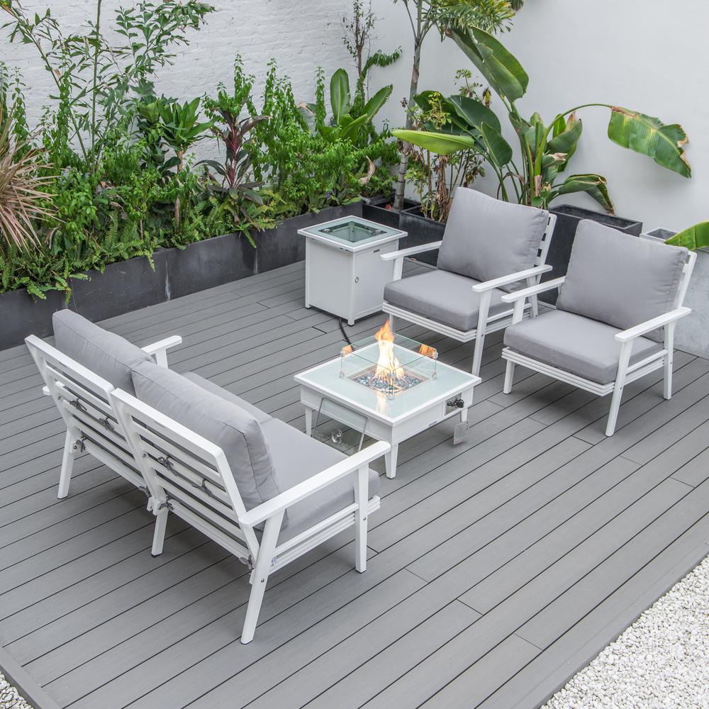 LeisureMod Walbrooke Modern White Patio Conversation With Square Fire Pit & Tank Holder, Grey. Picture 7