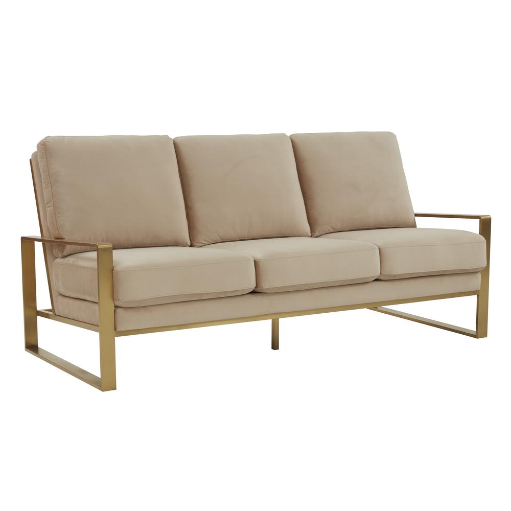 LeisureMod Jefferson Contemporary Modern Design Velvet Sofa With Gold Frame., Beige. Picture 1