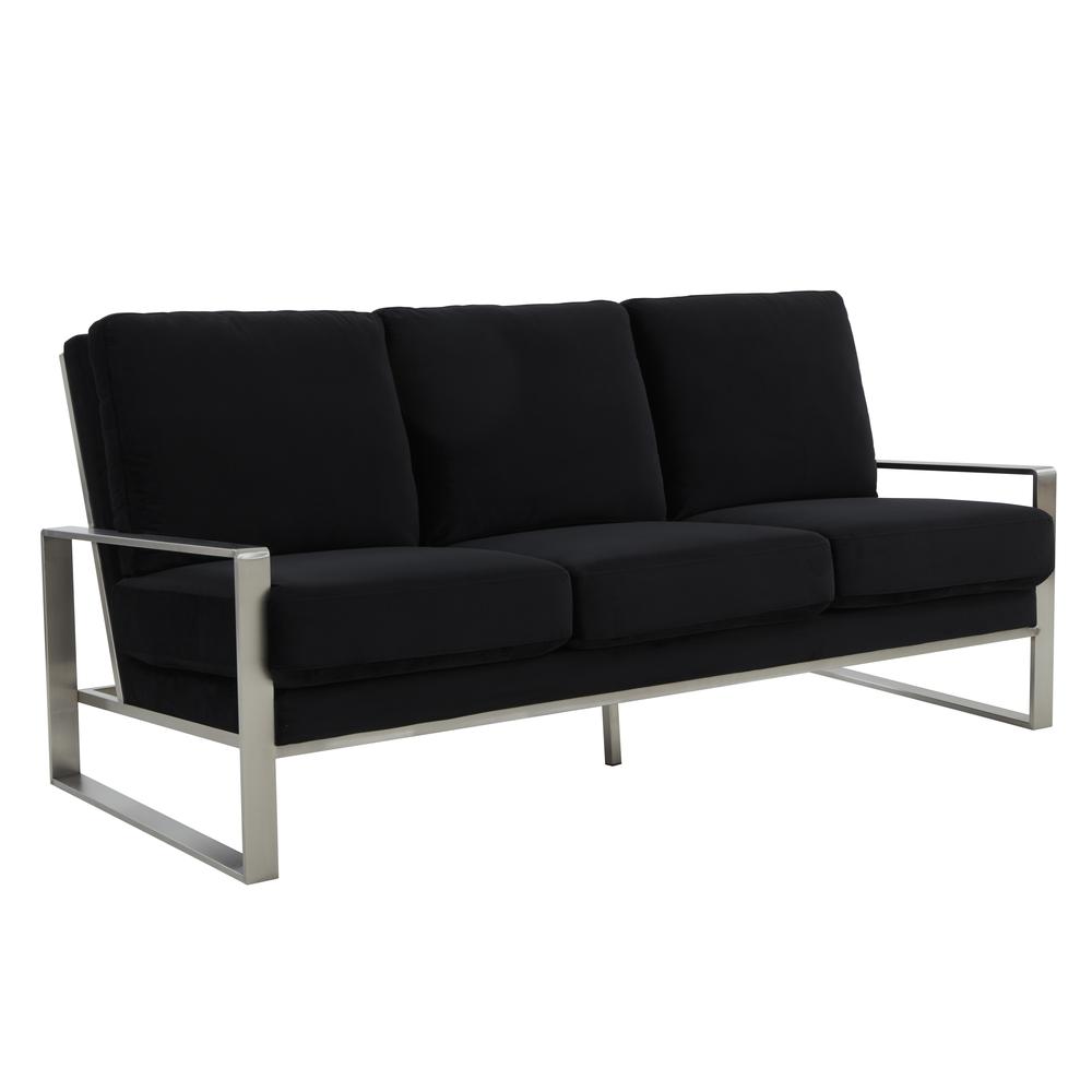 LeisureMod Jefferson Contemporary Modern Design Velvet Sofa With Silver Frame, Black. Picture 1