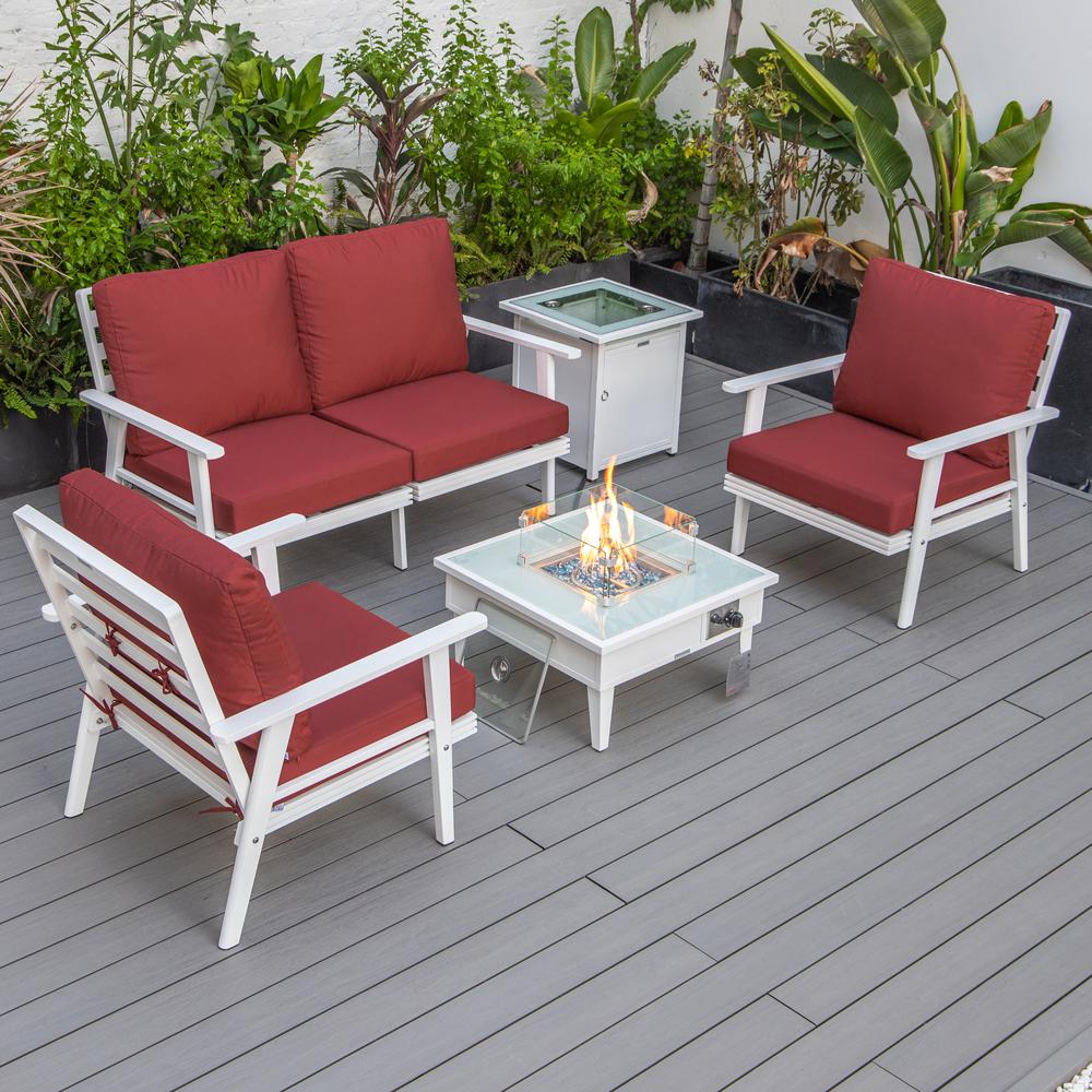 LeisureMod Walbrooke Modern White Patio Conversation With Square Fire Pit & Tank Holder, Red. Picture 1
