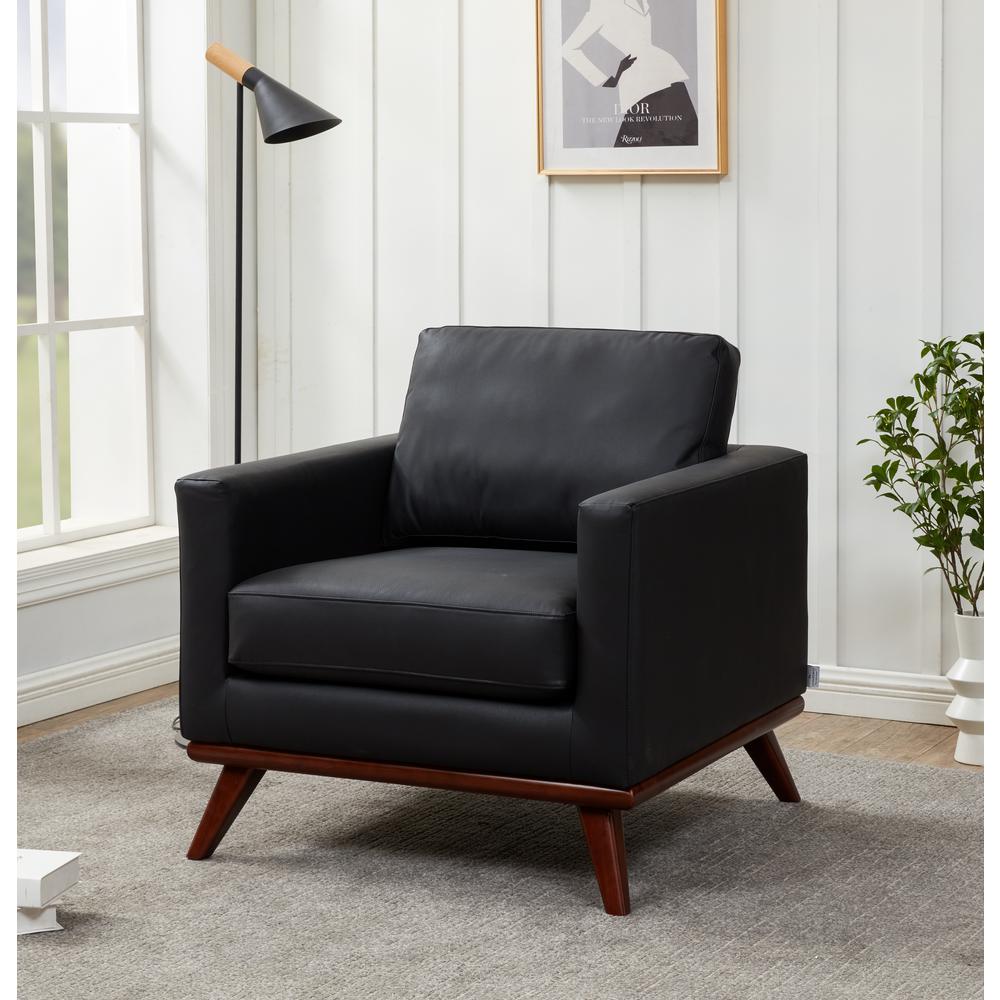 LeisureMod Chester Modern Leather Accent Arm Chair With Birch Wood Base, Black. Picture 2