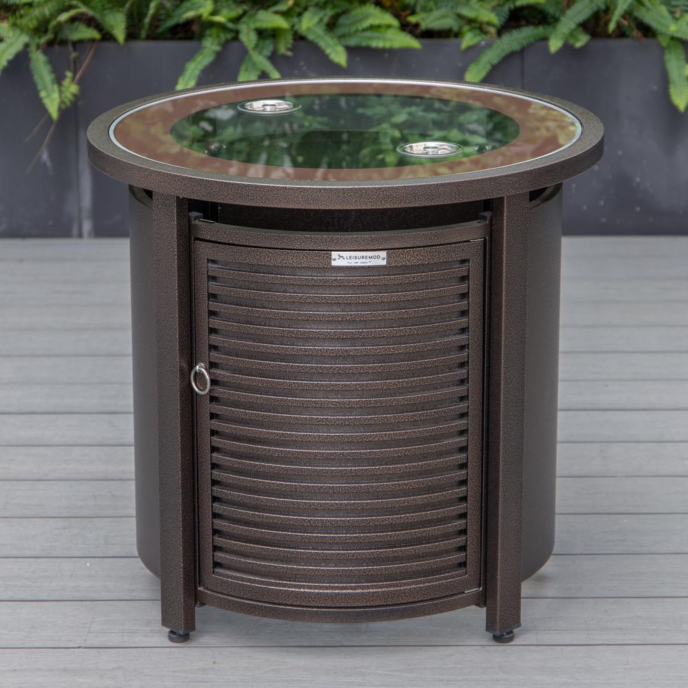 LeisureMod Walbrooke Modern Brown Patio Conversation With Round Fire Pit With Slats Design & Tank Holder, Red. Picture 4