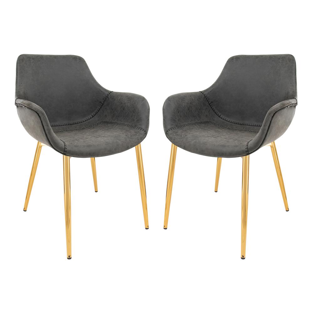 LeisureMod Markley Modern Leather Dining Arm Chair With Gold Metal Legs Set of 2 - Charcoal Black. Picture 1
