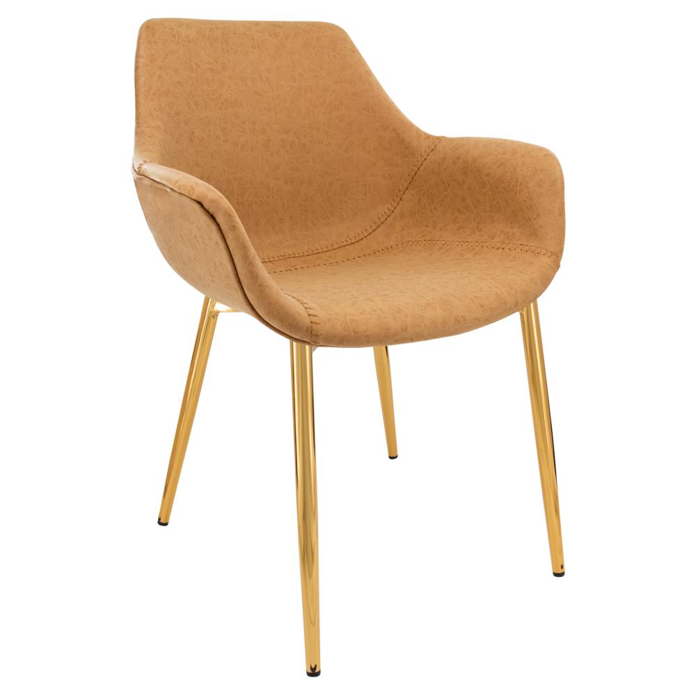 Markley Modern Leather Dining Arm Chair With Gold Metal Legs. Picture 1