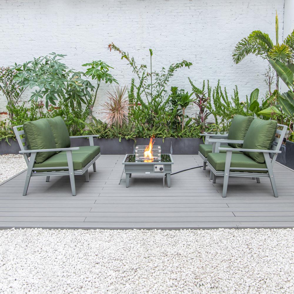 LeisureMod Walbrooke Modern Grey Patio Conversation With Square Fire Pit With Slats Design & Tank Holder, Green. Picture 9