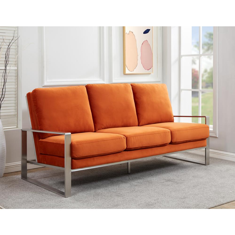 LeisureMod Jefferson Contemporary Modern Design Velvet Sofa With Silver Frame, Orange. Picture 2