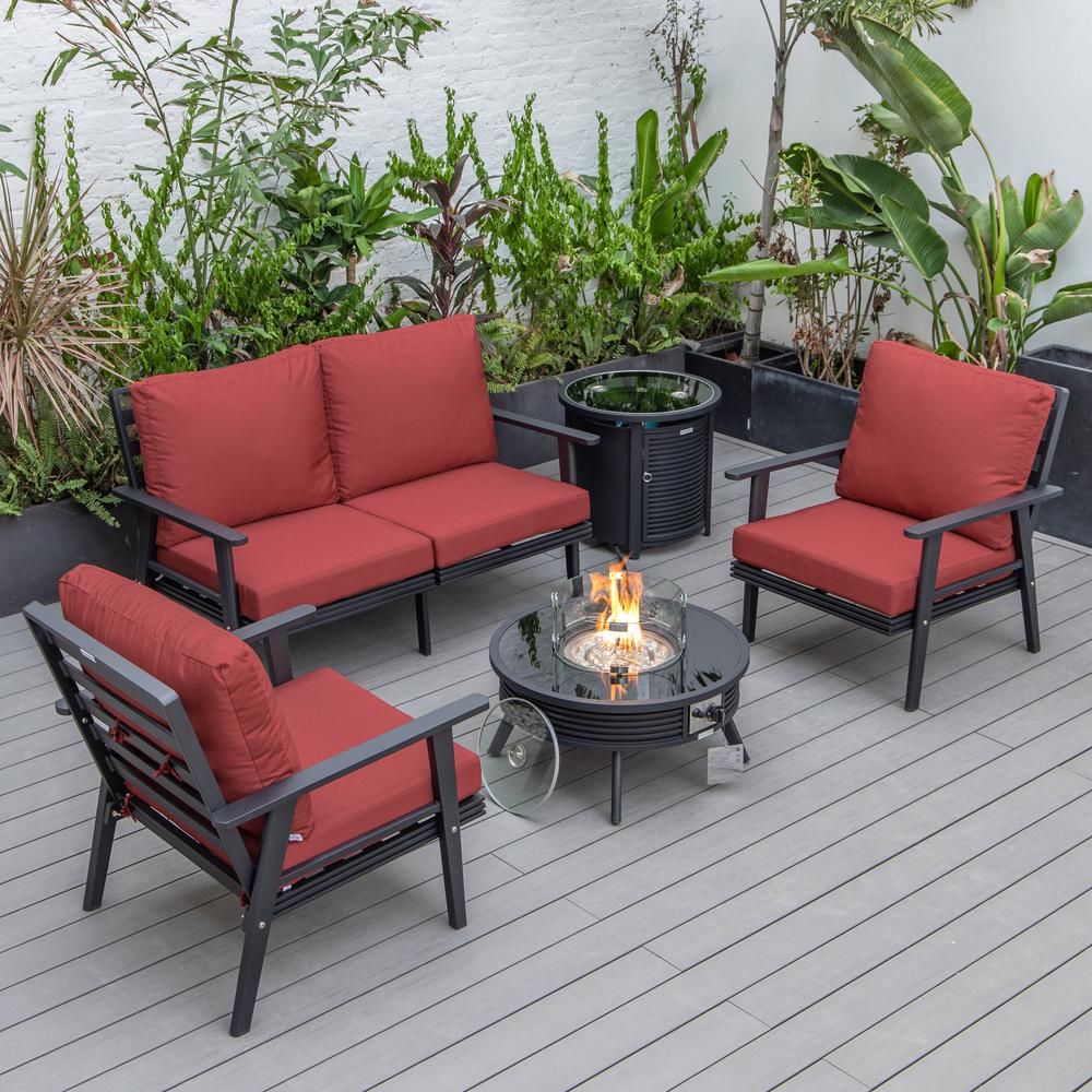 LeisureMod Walbrooke Modern Black Patio Conversation With Round Fire Pit With Slats Design & Tank Holder, Red. Picture 1