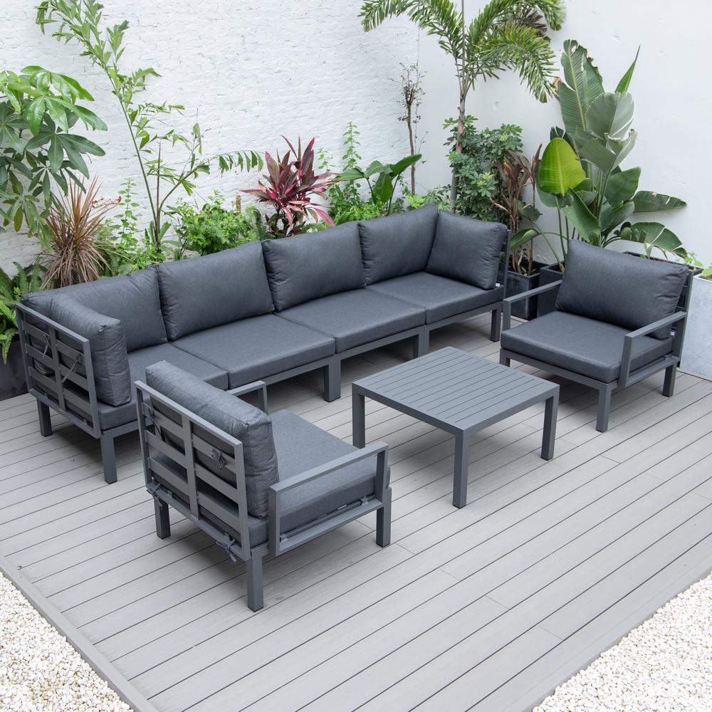 LeisureMod Hamilton 7-Piece Aluminum Patio Conversation Set With Coffee Table And Cushions Black. Picture 2