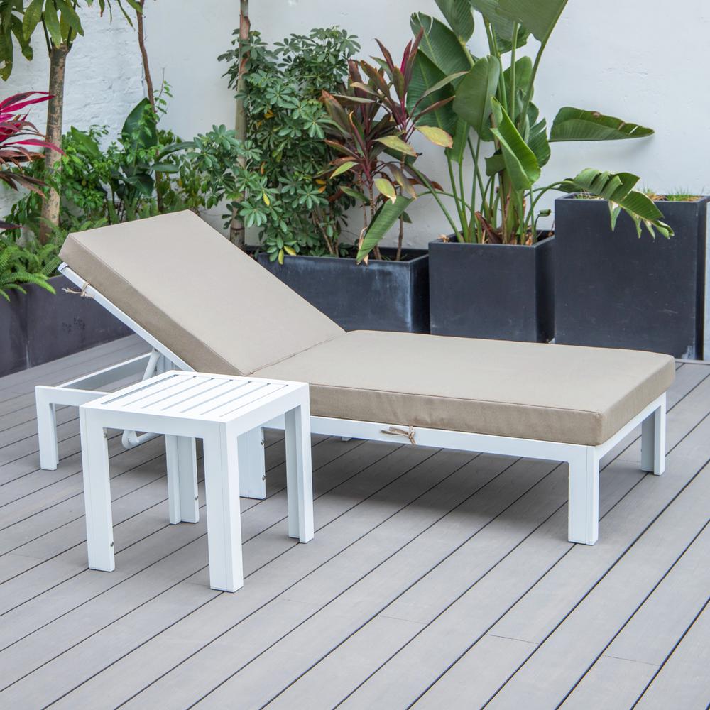 LeisureMod Chelsea Modern Outdoor White Chaise Lounge Chair With Side Table & Cushions Beige. Picture 4