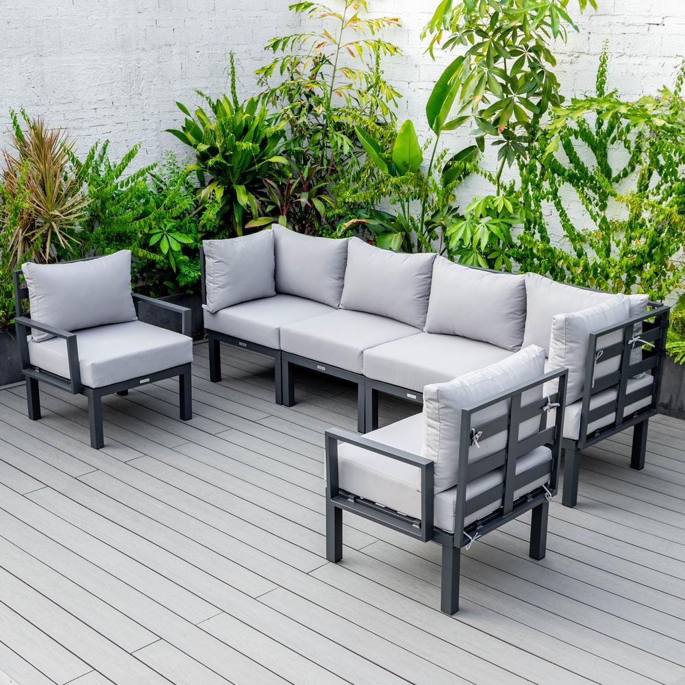 LeisureMod Chelsea 6-Piece Patio Sectional Black Aluminum With Cushions in Light Grey. Picture 30