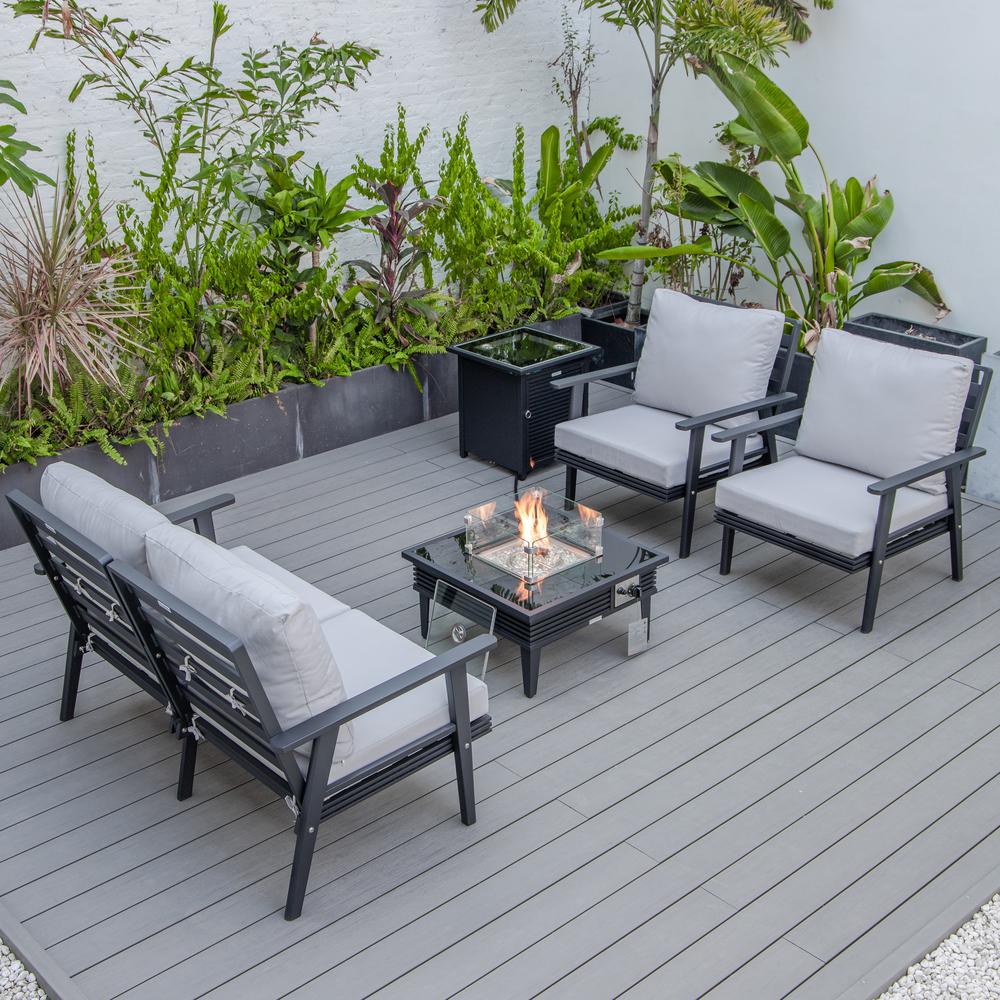LeisureMod Walbrooke Modern Black Patio Conversation With Square Fire Pit With Slats Design & Tank Holder, Light Grey. Picture 2