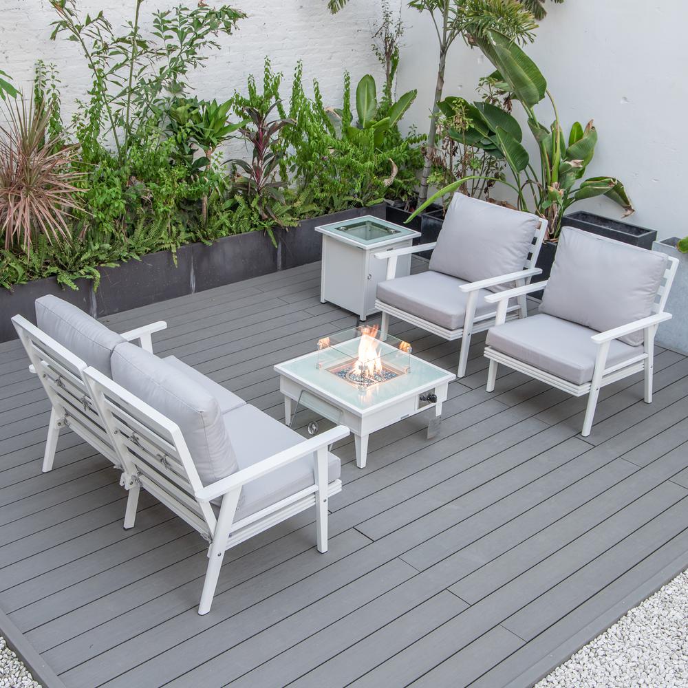 LeisureMod Walbrooke Modern White Patio Conversation With Square Fire Pit & Tank Holder, Light Grey. Picture 9