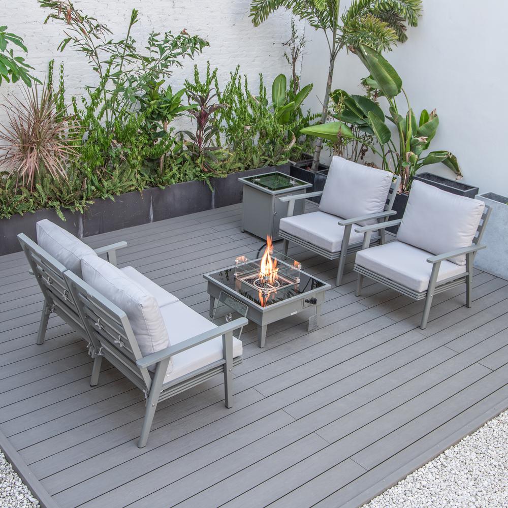 LeisureMod Walbrooke Modern Grey Patio Conversation With Square Fire Pit & Tank Holder, Light Grey. Picture 9
