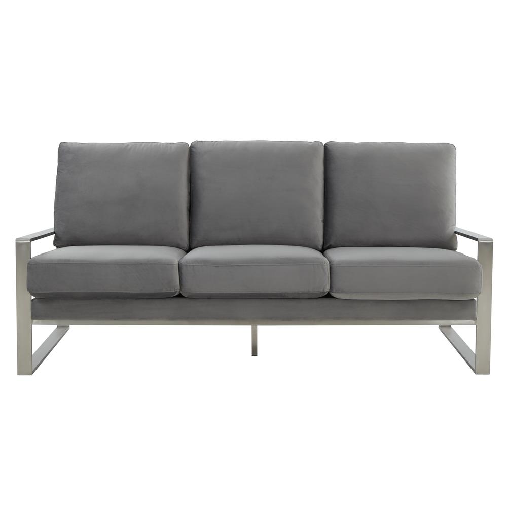 LeisureMod Jefferson Contemporary Modern Design Velvet Sofa With Silver Frame, Light Grey. Picture 5