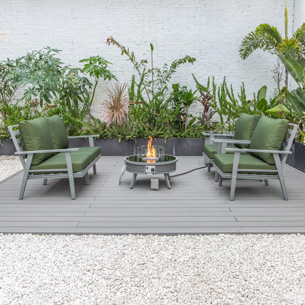 LeisureMod Walbrooke Modern Grey Patio Conversation With Round Fire Pit With Slats Design & Tank Holder, Green. Picture 9