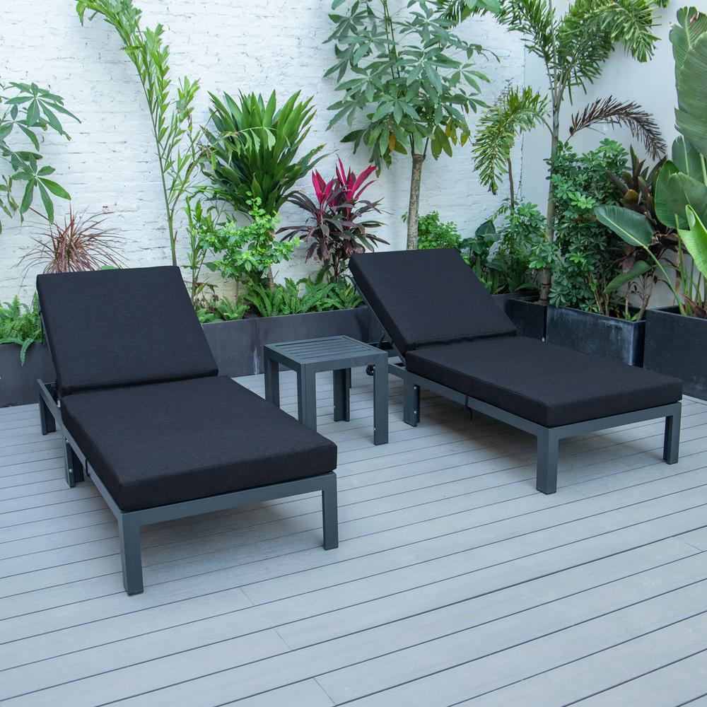 LeisureMod Chelsea Modern Outdoor Chaise Lounge Chair Set of 2 With Side Table & Cushions - Black. Picture 3