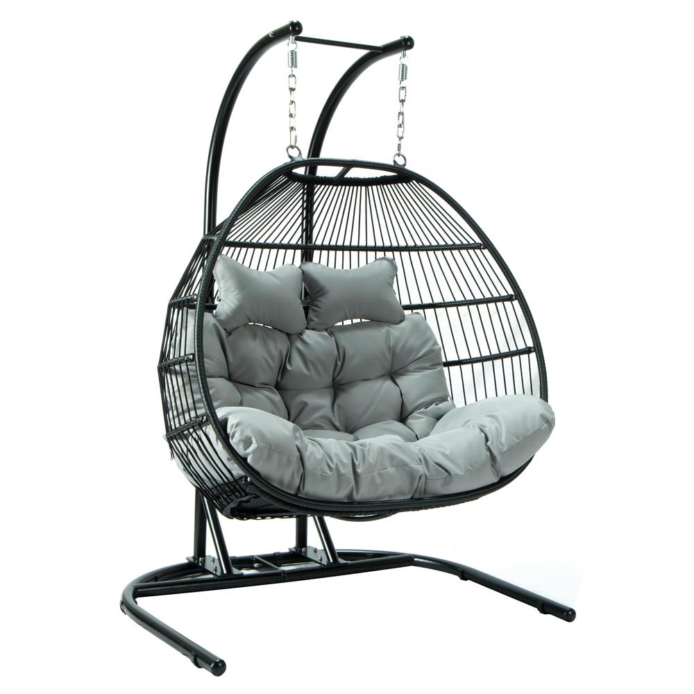 LeisureMod Wicker 2 Person Double Folding Hanging Egg Swing Chair ESCF52LGR. Picture 2