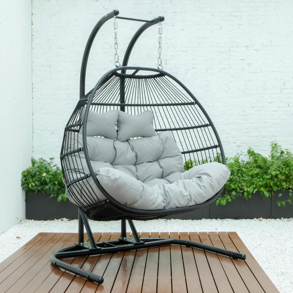 LeisureMod Wicker 2 Person Double Folding Hanging Egg Swing Chair ESCF52LGR. Picture 4