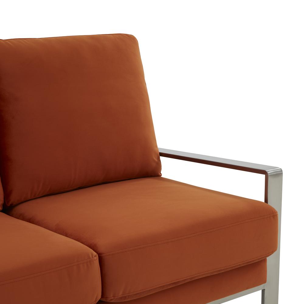 LeisureMod Jefferson Contemporary Modern Design Velvet Sofa With Silver Frame, Orange. Picture 7
