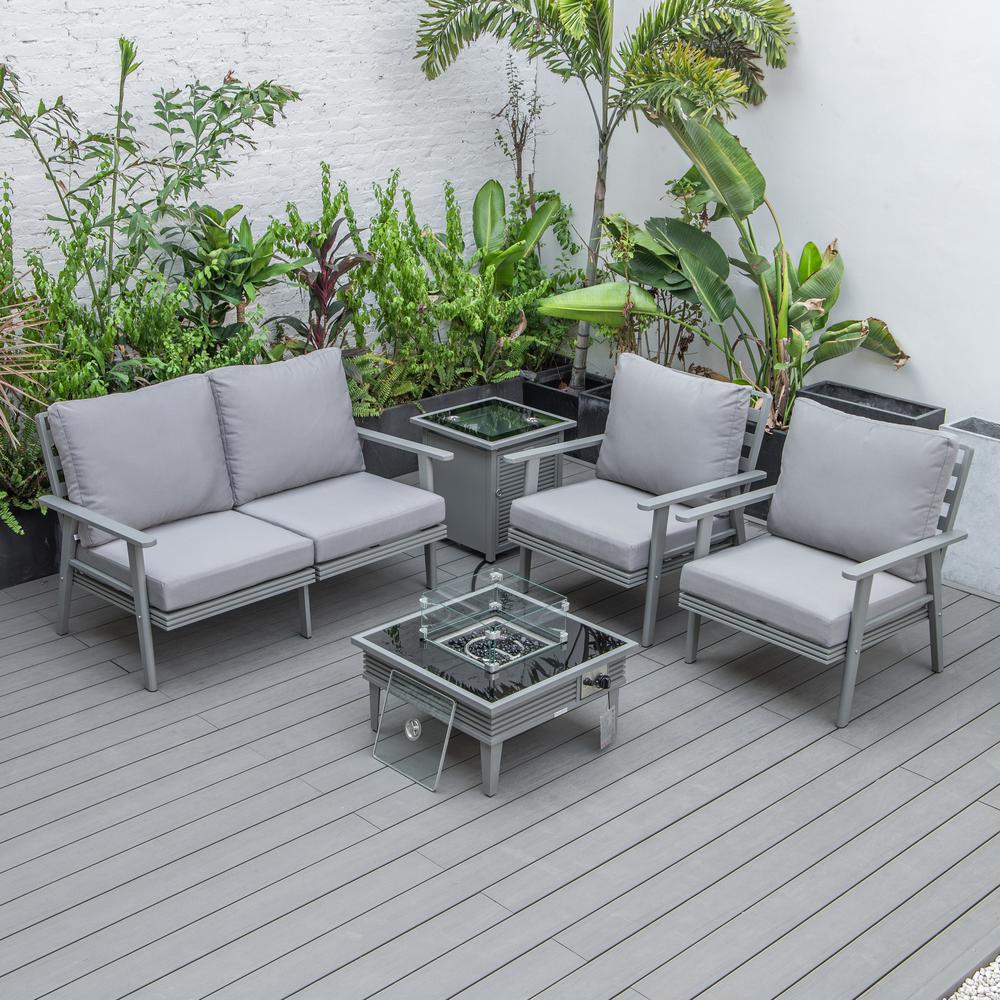 LeisureMod Walbrooke Modern Grey Patio Conversation With Square Fire Pit With Slats Design & Tank Holder, Grey. Picture 8