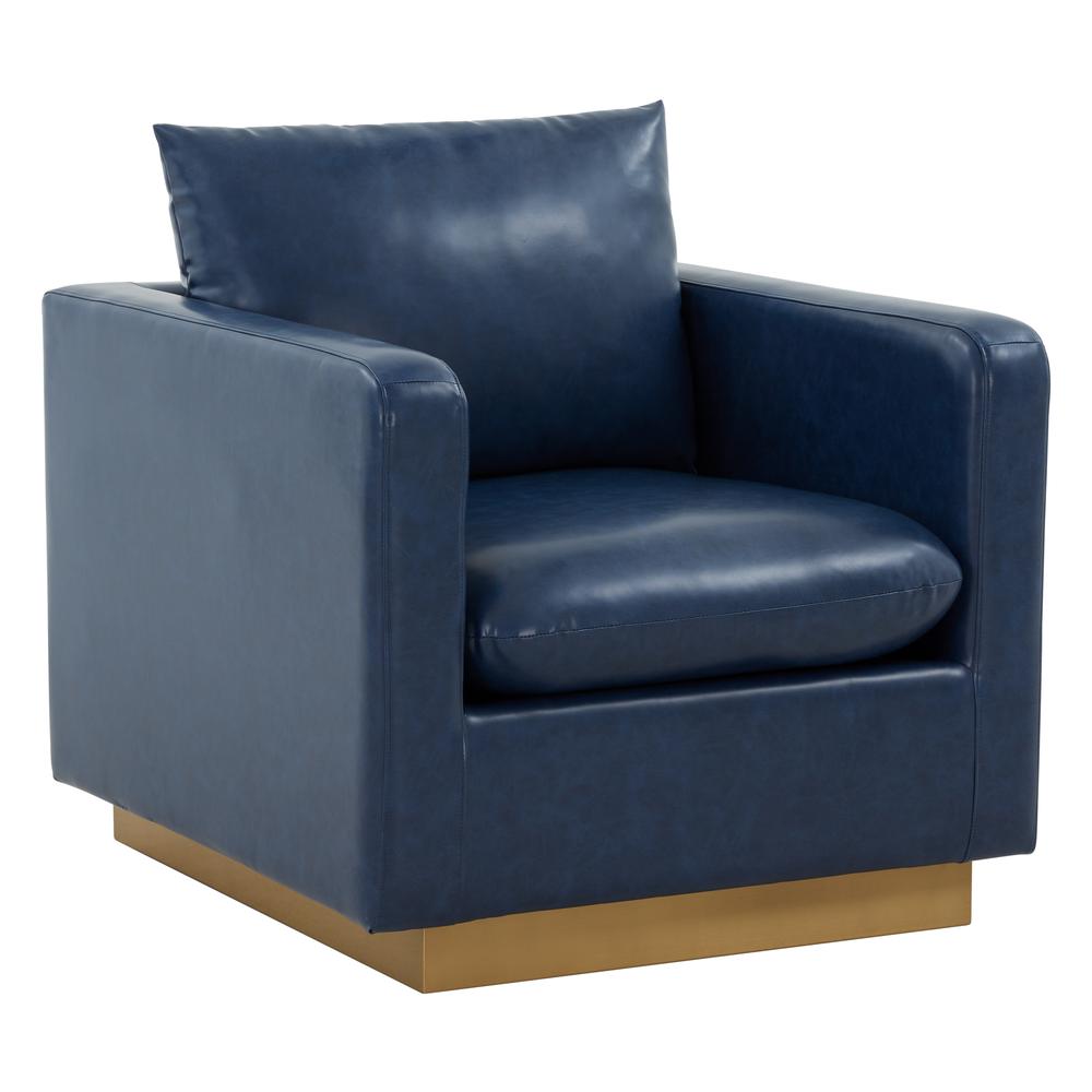 LeisureMod Nervo Leather Accent Armchair With Gold Frame, Navy Blue. Picture 1