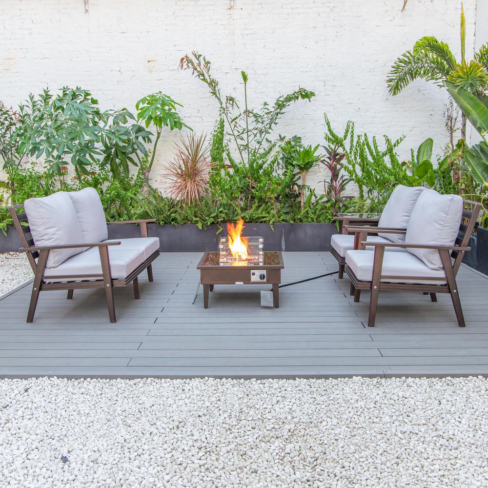 LeisureMod Walbrooke Modern Brown Patio Conversation With Square Fire Pit & Tank Holder, Light Grey. Picture 7