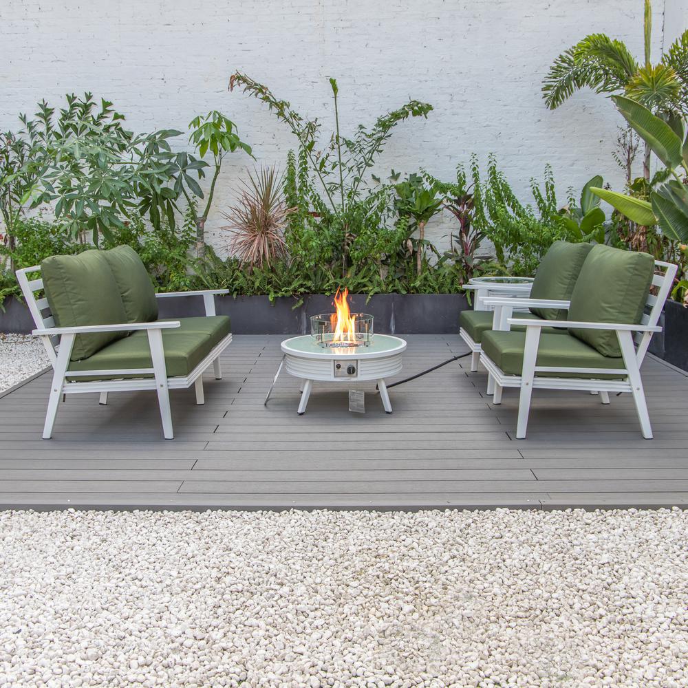 LeisureMod Walbrooke Modern White Patio Conversation With Round Fire Pit With Slats Design & Tank Holder, Green. Picture 8