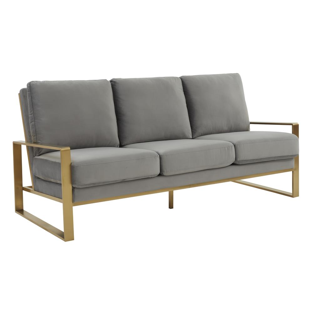 LeisureMod Jefferson Contemporary Modern Design Velvet Sofa With Gold Frame., Light Grey. Picture 1