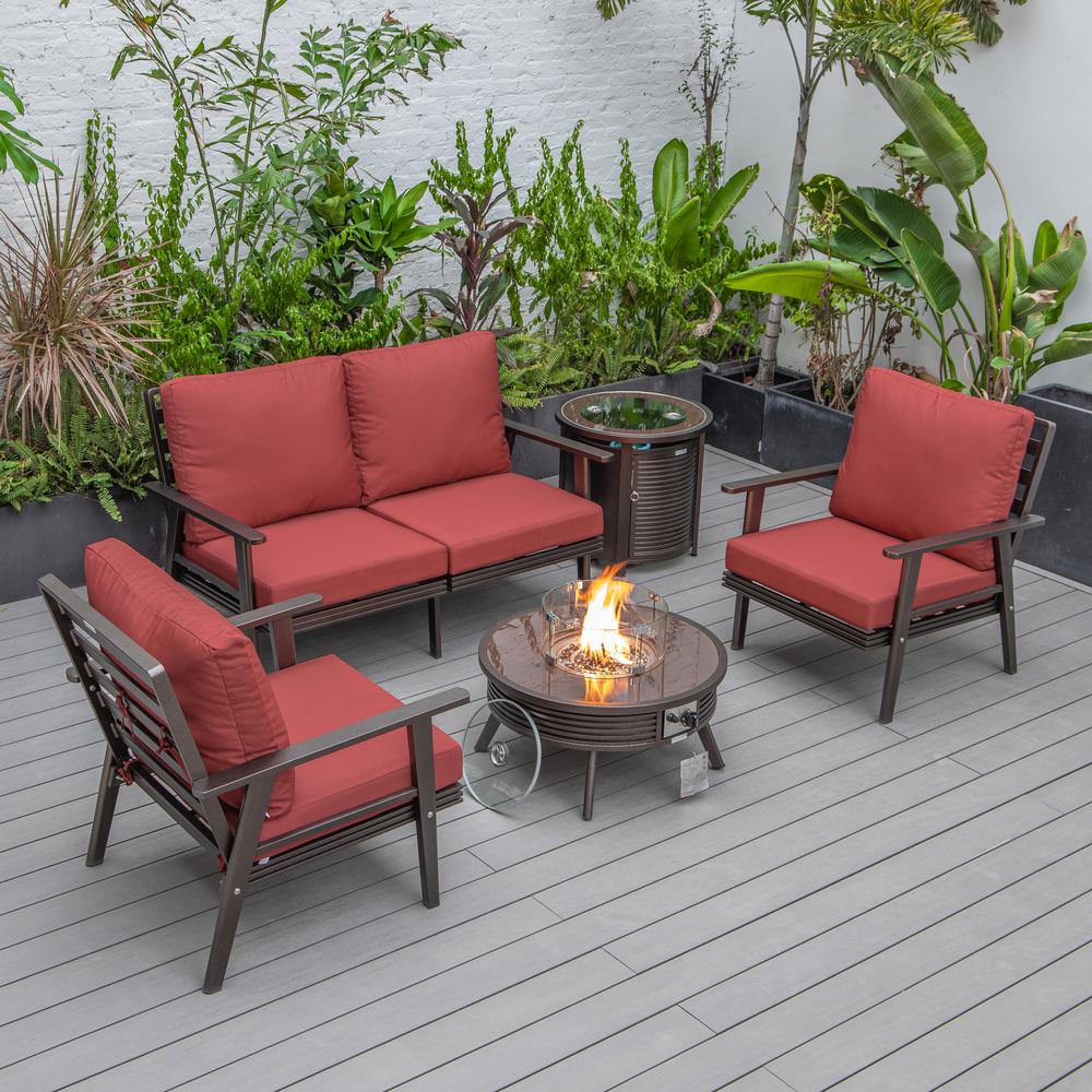 LeisureMod Walbrooke Modern Brown Patio Conversation With Round Fire Pit With Slats Design & Tank Holder, Red. Picture 1