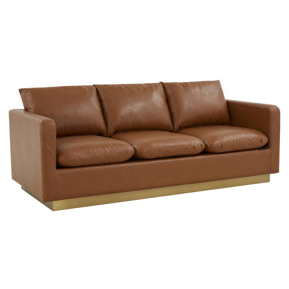 LeisureMod Nervo Modern Mid-Century Upholstered Leather Sofa with Gold Frame, Cognac Tan. Picture 1