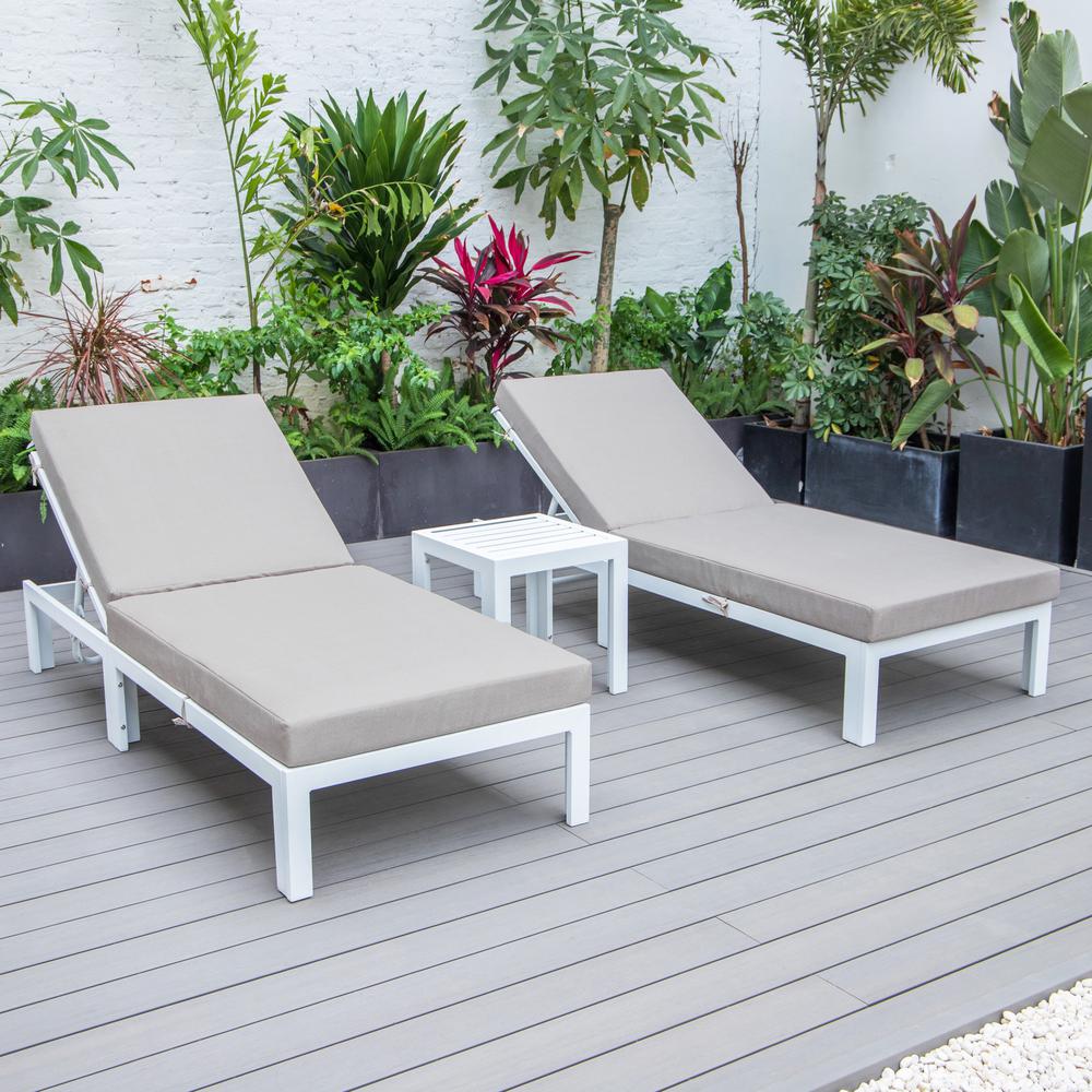 Outdoor White Chaise Lounge Chair Set of 2 With Side Table & Cushions. Picture 3