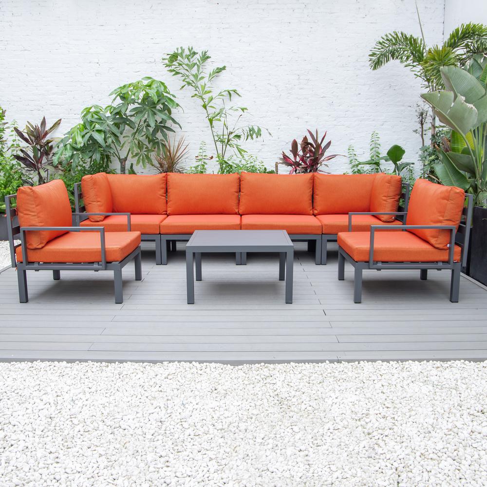 LeisureMod Hamilton 7-Piece Aluminum Patio Conversation Set With Coffee Table And Cushions Orange. Picture 3