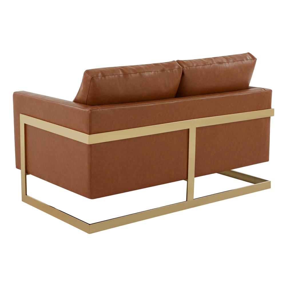 LeisureMod Lincoln Modern Mid-Century Upholstered Leather Loveseat with Gold Frame, Cognac Tan. Picture 5