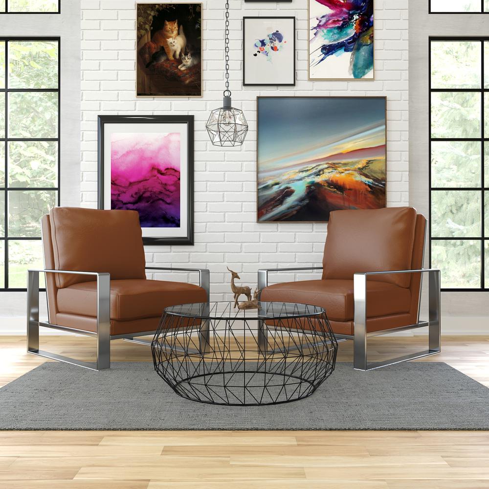 Leather Armchair with Silver Frame and Round Coffee Table with Glass Top. Picture 14