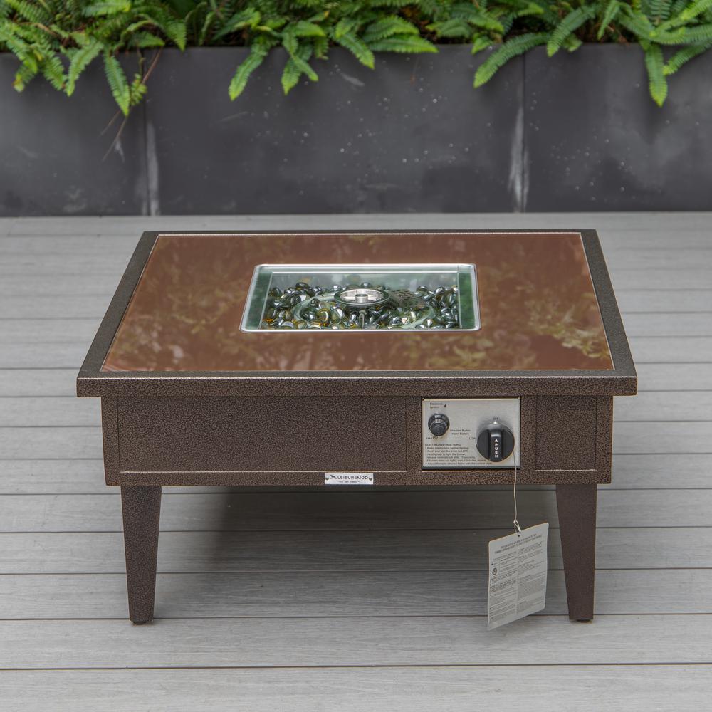 LeisureMod Walbrooke Modern Brown Patio Conversation With Square Fire Pit & Tank Holder, Green. Picture 5