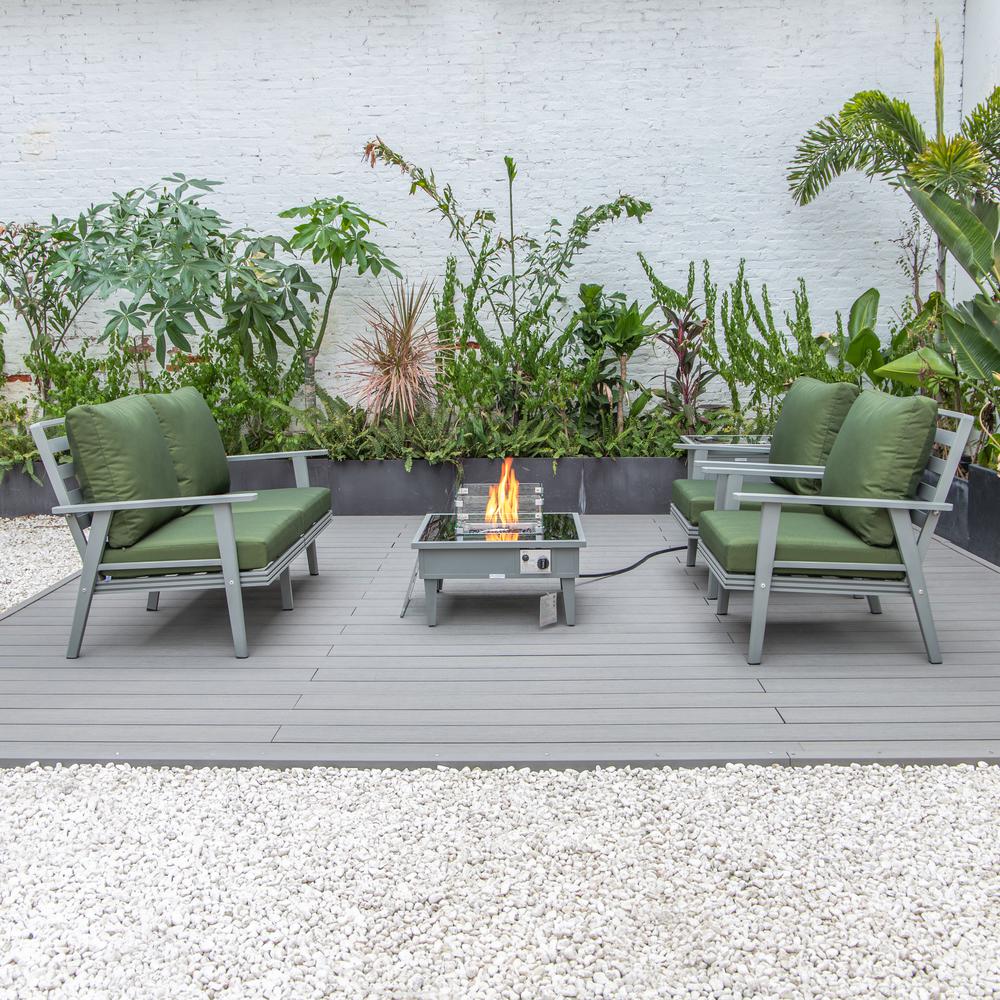 LeisureMod Walbrooke Modern Grey Patio Conversation With Square Fire Pit & Tank Holder, Green. Picture 8