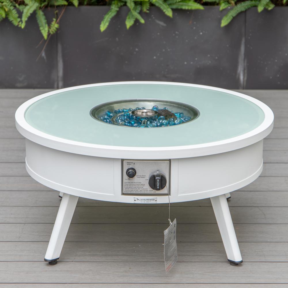 LeisureMod Walbrooke Modern White Patio Conversation With Round Fire Pit & Tank Holder, Green. Picture 3