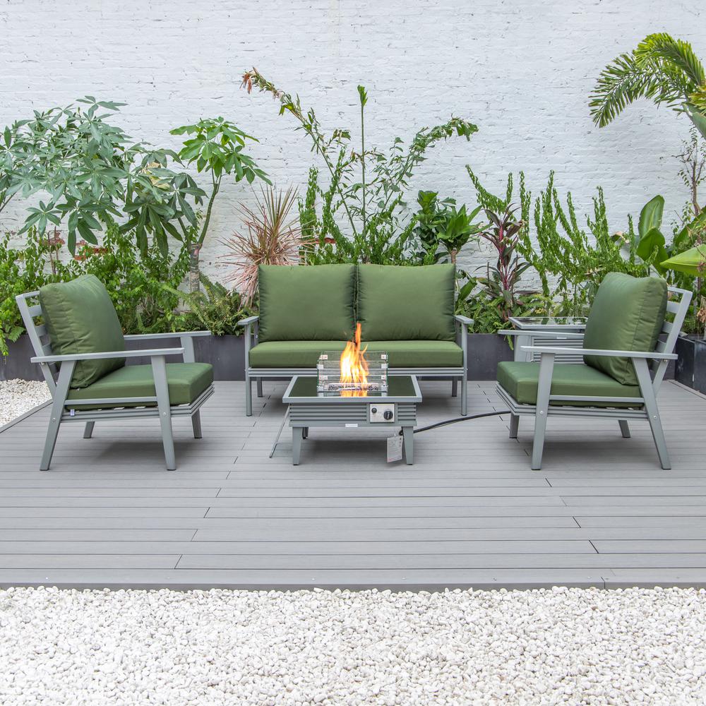 LeisureMod Walbrooke Modern Grey Patio Conversation With Square Fire Pit With Slats Design & Tank Holder, Green. Picture 6