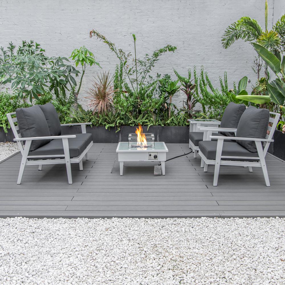 LeisureMod Walbrooke Modern White Patio Conversation With Square Fire Pit & Tank Holder, Charcoal. Picture 7