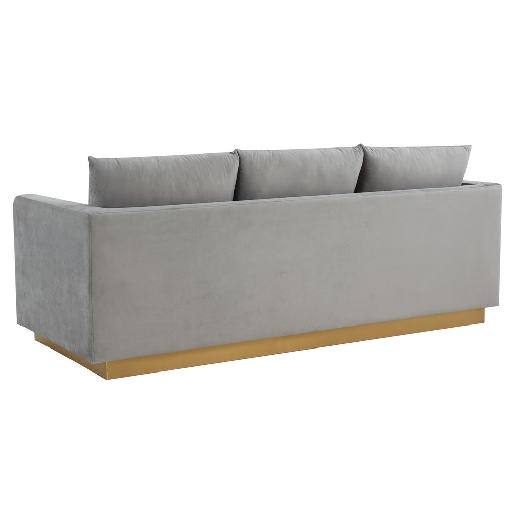 LeisureMod Nervo Modern Mid-Century Upholstered Velvet Sofa with Gold Frame, Light Grey. Picture 2