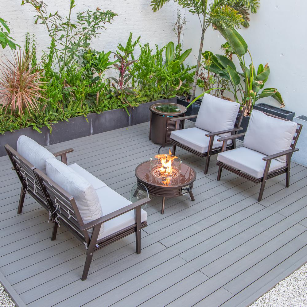 LeisureMod Walbrooke Modern Brown Patio Conversation With Round Fire Pit With Slats Design & Tank Holder, Light Grey. Picture 6
