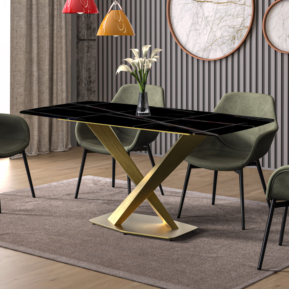 Modern Dining Table Gold Base, With 55" Black/Gold Sintered Stone Top. Picture 8