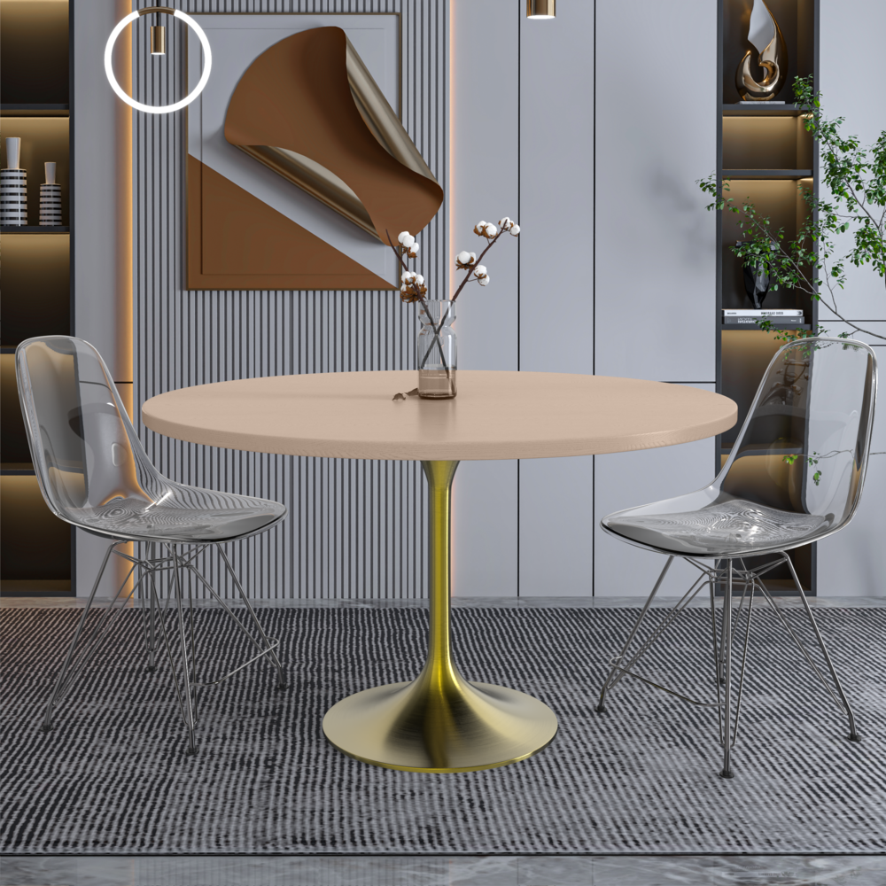 Verve 48" Round Dining Table, Brushed Gold Base with Light Natural Wood MDF Top. Picture 7