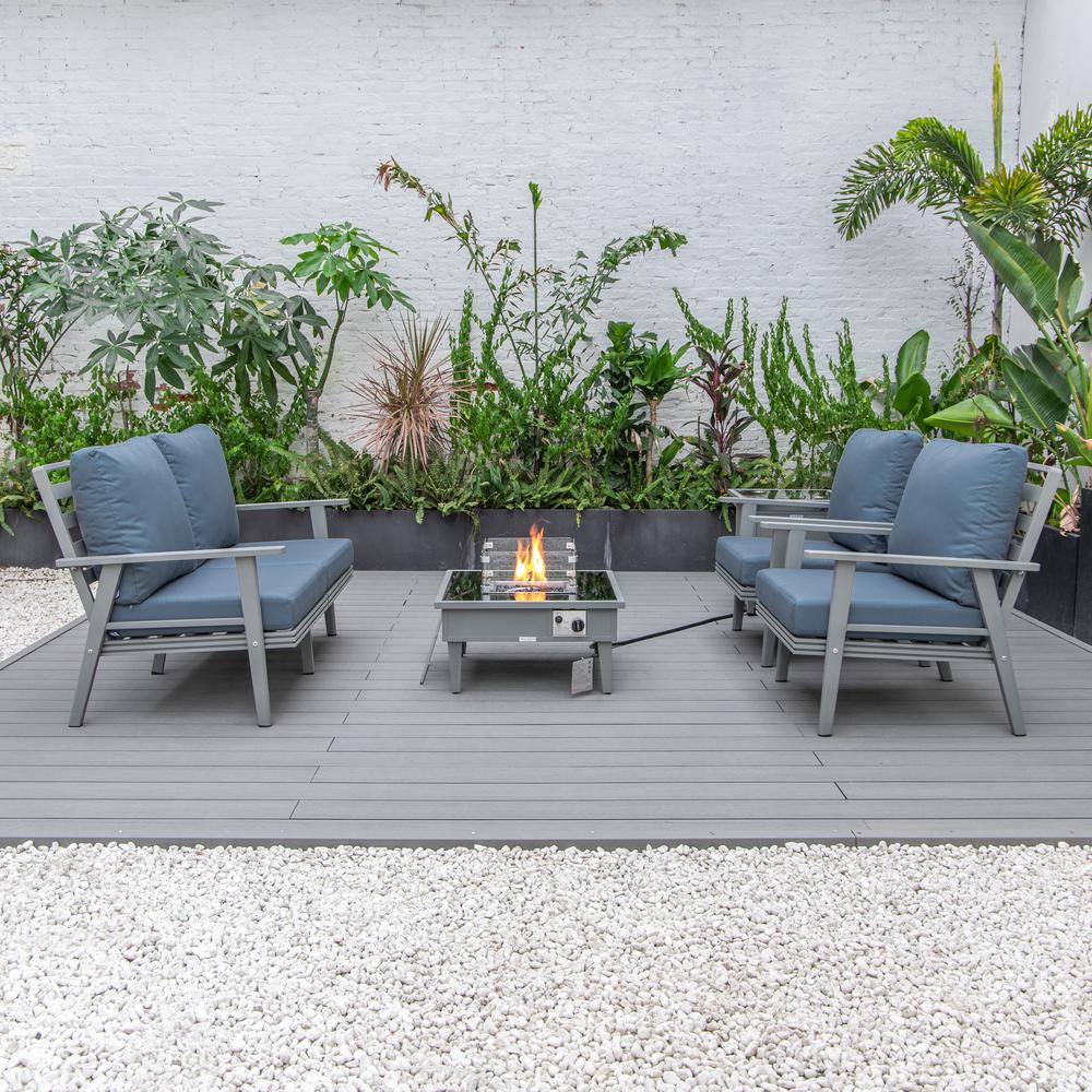 LeisureMod Walbrooke Modern Grey Patio Conversation With Square Fire Pit & Tank Holder, Navy Blue. Picture 7